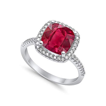 Halo Engagement Ring Accent Cushion Simulated Ruby CZ 925 Sterling Silver
